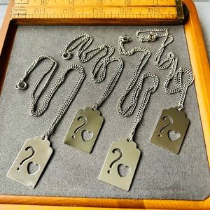 Vintage old stock lot 4 heart dog tag necklaces silver tone 17” chain secret